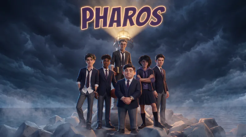 Seis personagens de uniforme sobre as pedras, diante de um farol aceso sob céu de tempestade, com o letreiro PHAROS ao alto.